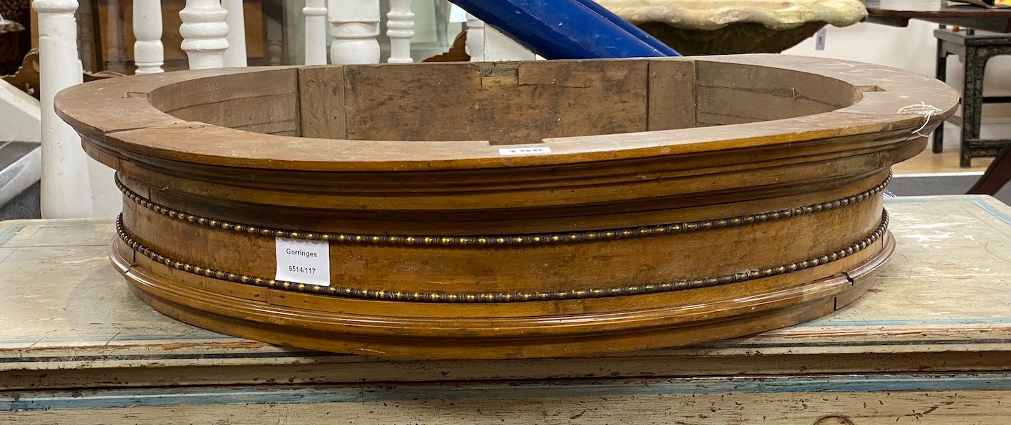 A Victorian mahogany and bird's eye maple bed corona canopy, width 68cm, depth 58cm, height 14cm